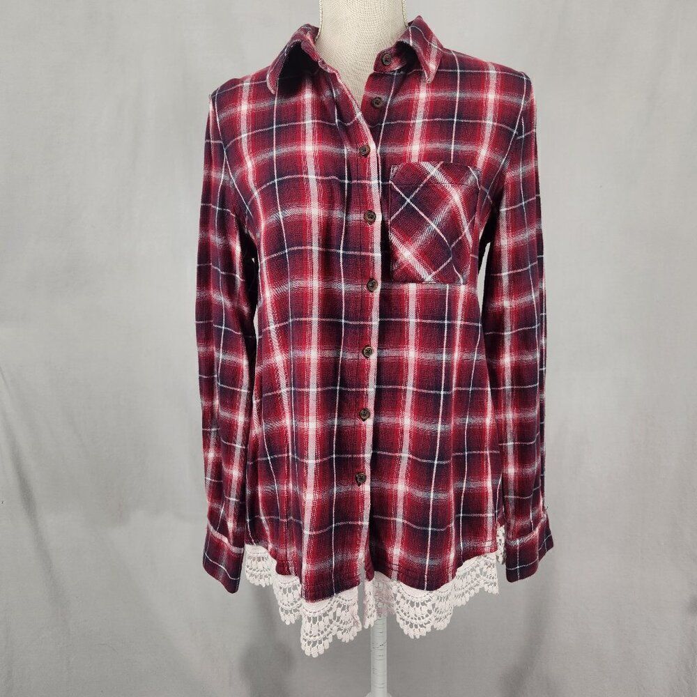 Shyanne Shirt Womens Small Red Plaid Flannel Western Long Sleeve Lace Trim